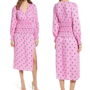 New AFRM Size XS Hazel Floral Smocked Long Sleeve Midi Dress Pink Fleur